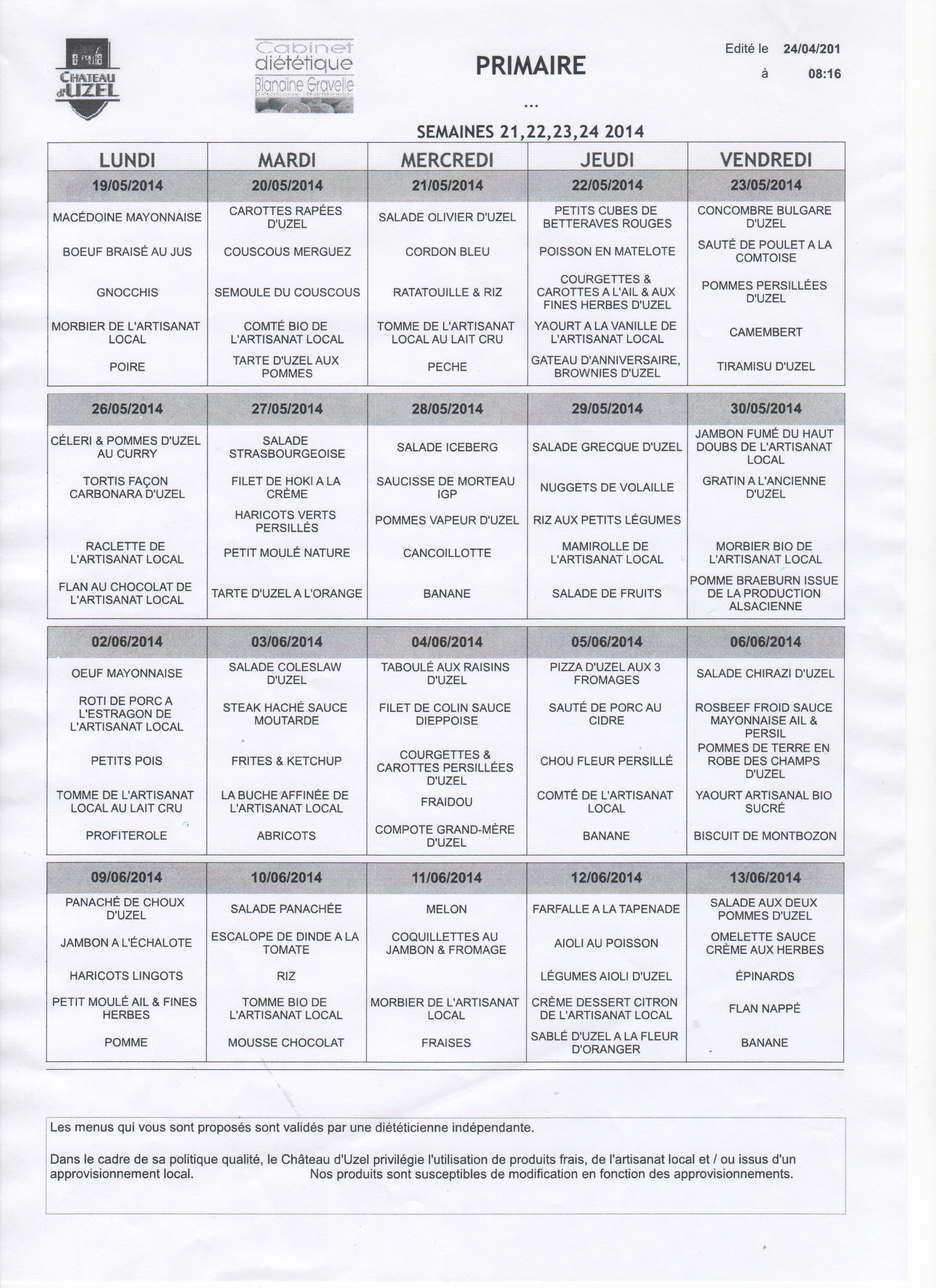 Menus 19 mai au 13 juin 2014